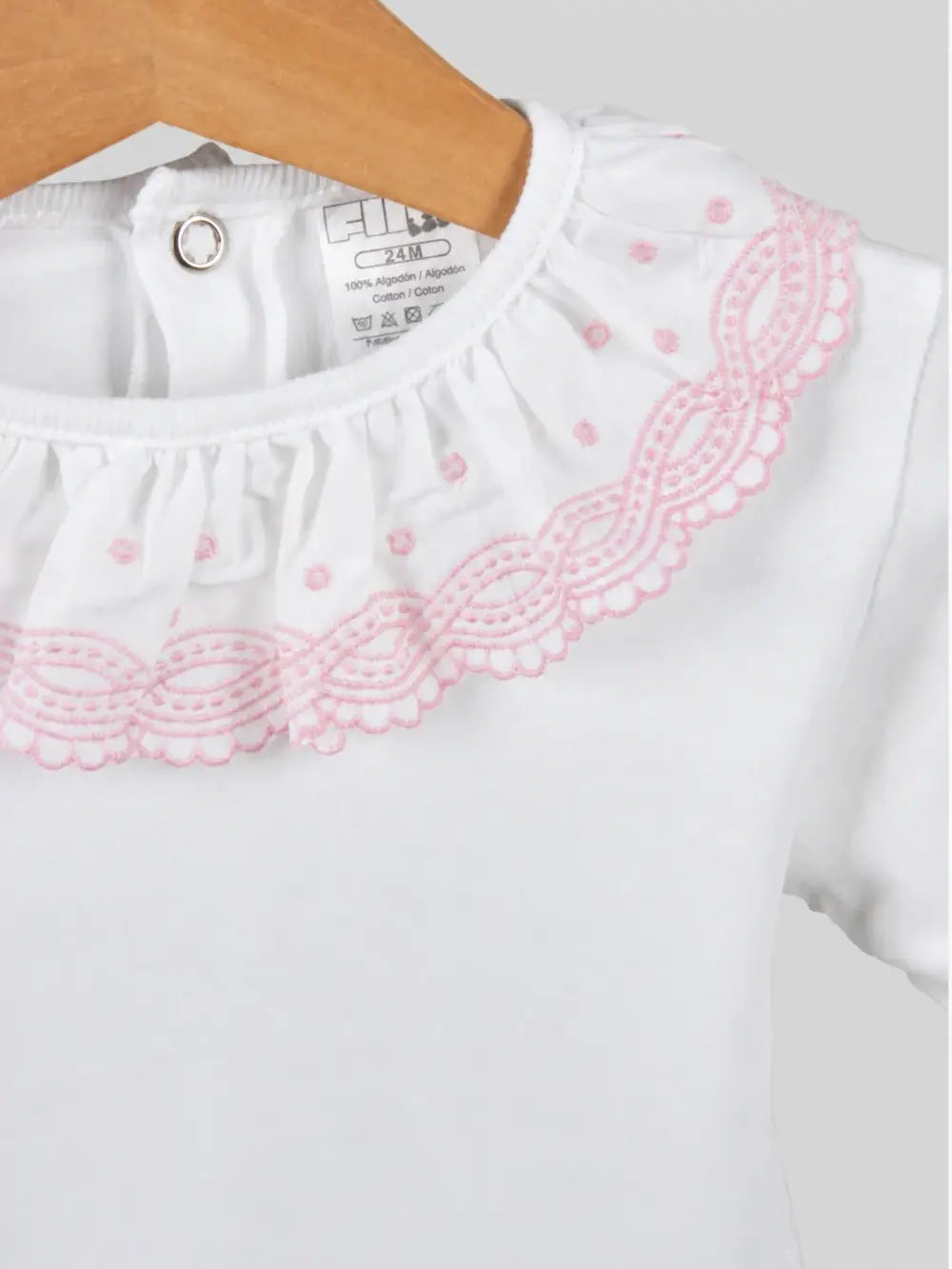 Long-Sleeve Cotton Baby Bodysuit with Light Pink -Embroidered Collar