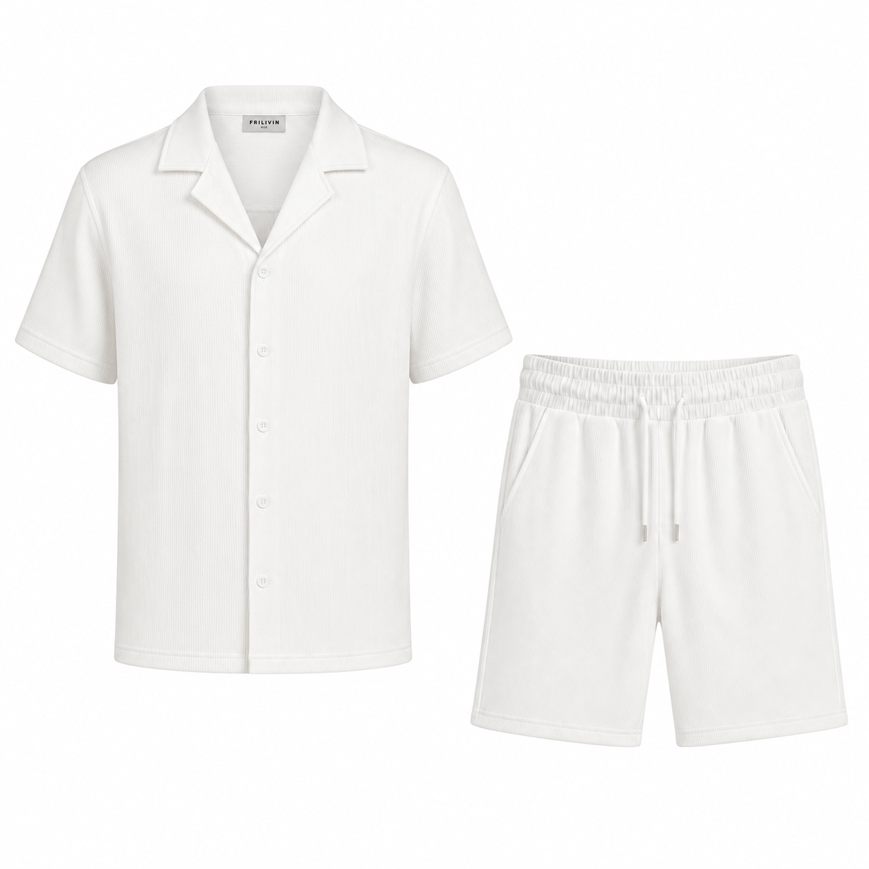 White Textured Shorts Set