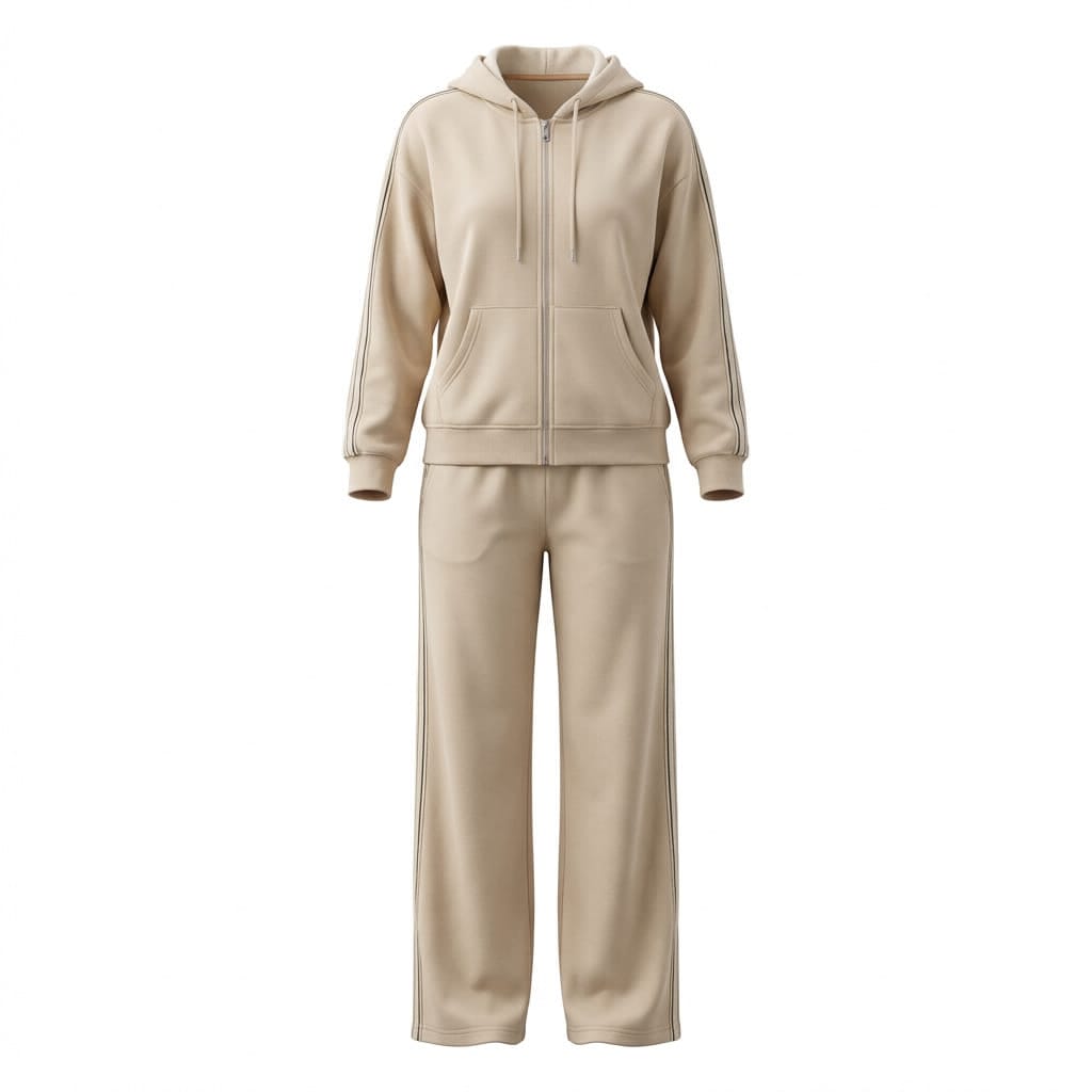 Beige Casual Zip-Up Hoodie and Wide-Leg Jogger Set